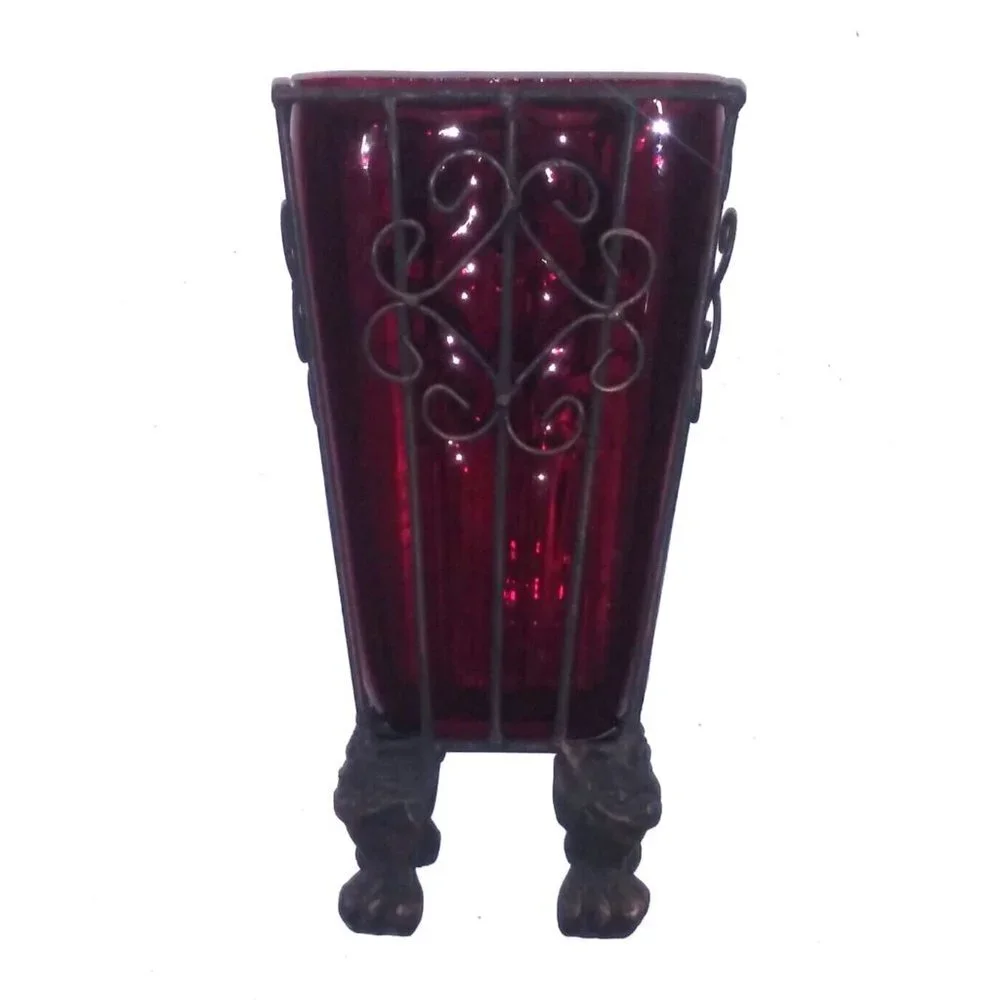 Vintage Vase Metal caged/imprisoned Bubbled RED Glass Footed Art glass vase EUC